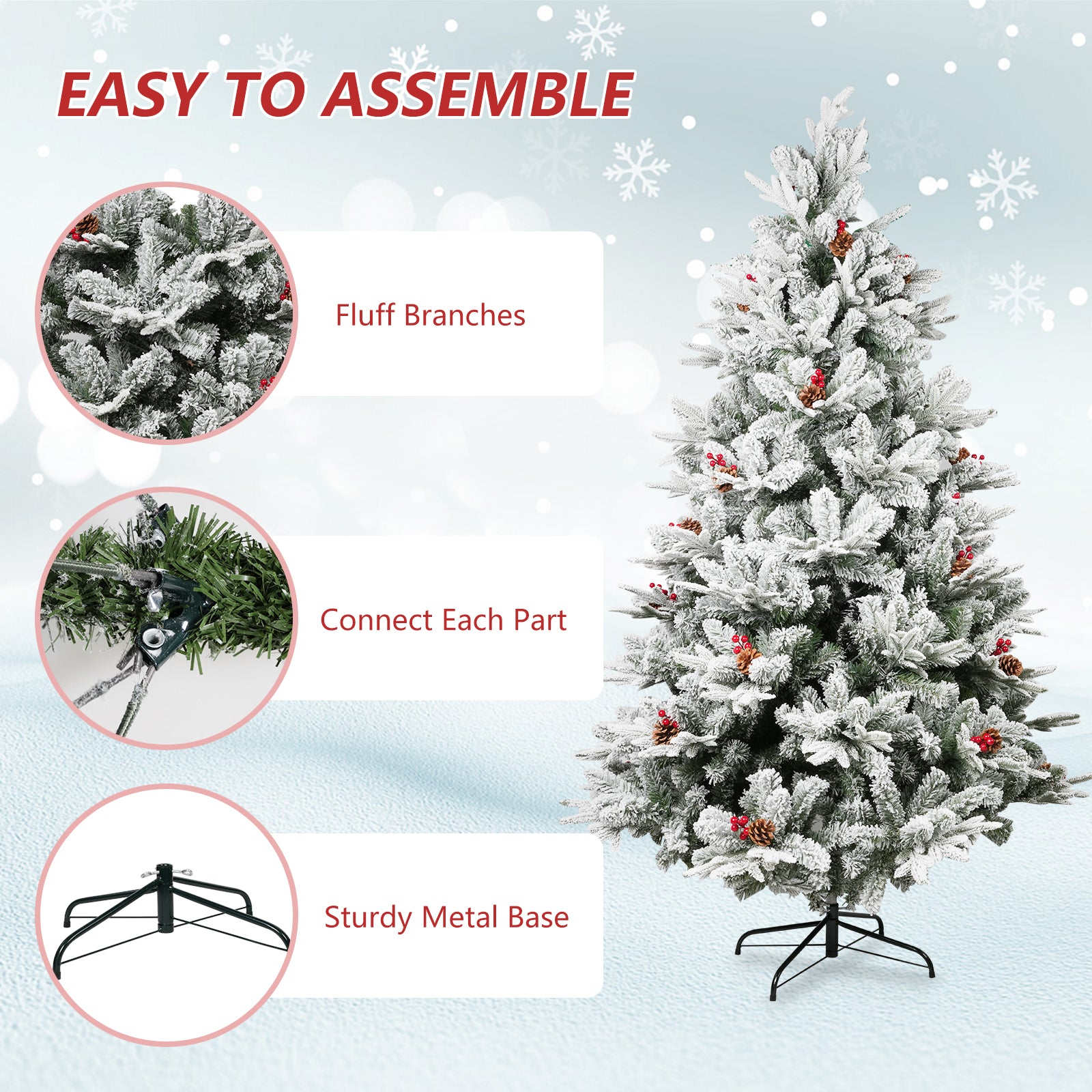 6.9' Artificial Christmas Tree Snow Flocked Xmas Tree with Pine Cones and Red Berries 1150 Branch Tips