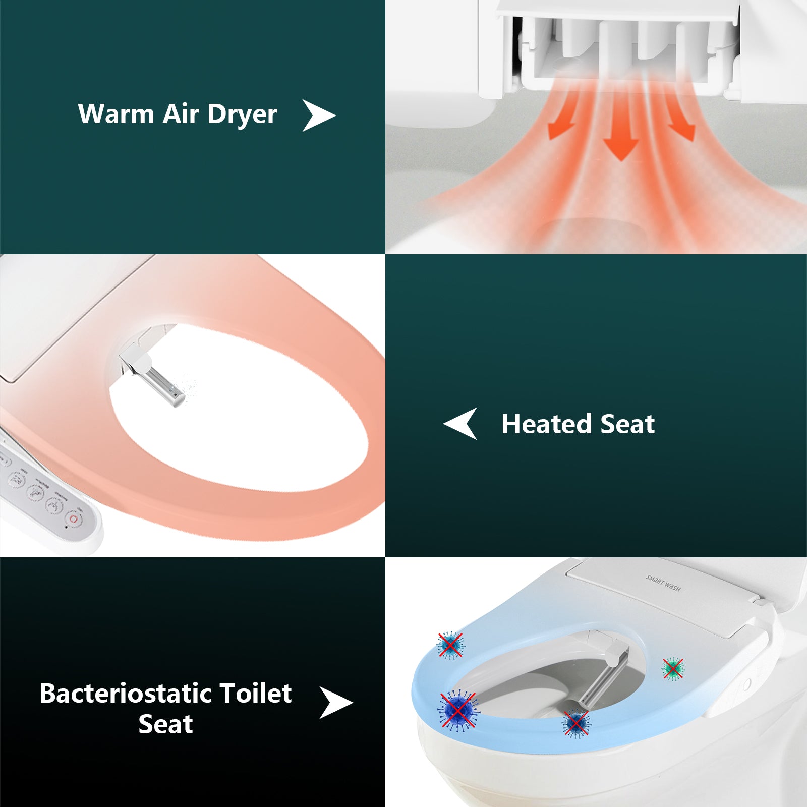 Smart Heated Bidet Toilet Seat with Self-Cleaning Nozzle, Warm Air Dryer and Temperature Controlled