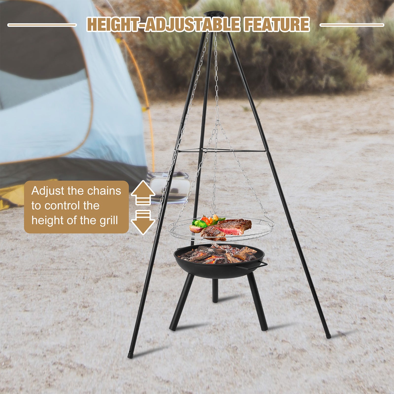 (Out of Stock) Outdoor Height Adjustable Wood Burning Fire Pit Tripod Cooking Grill with Round Grill Grate