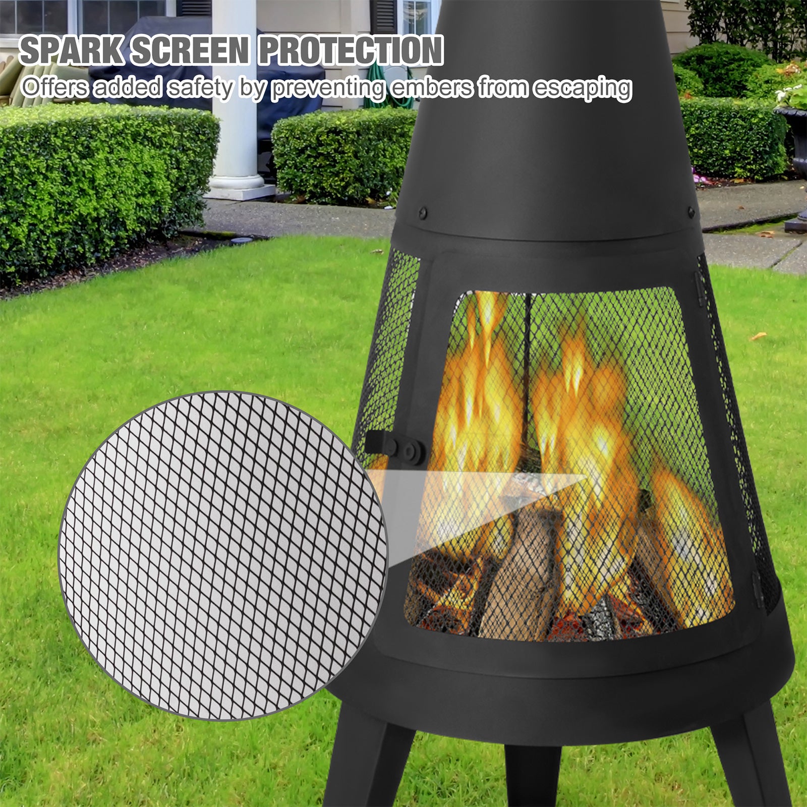 Chiminea Outdoor Fireplace 47.6" Metal Wood Burning Fire Pit with Log Grate, Black