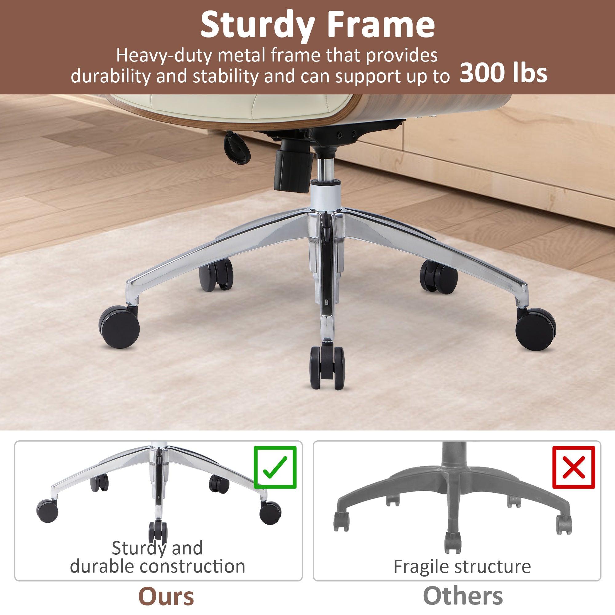 Executive Office Chair with Adjustable Height, Tilt Function, Solid Wood Arms and Base, 360° Swivel - Leather Office Chair for Office and Home Work in White