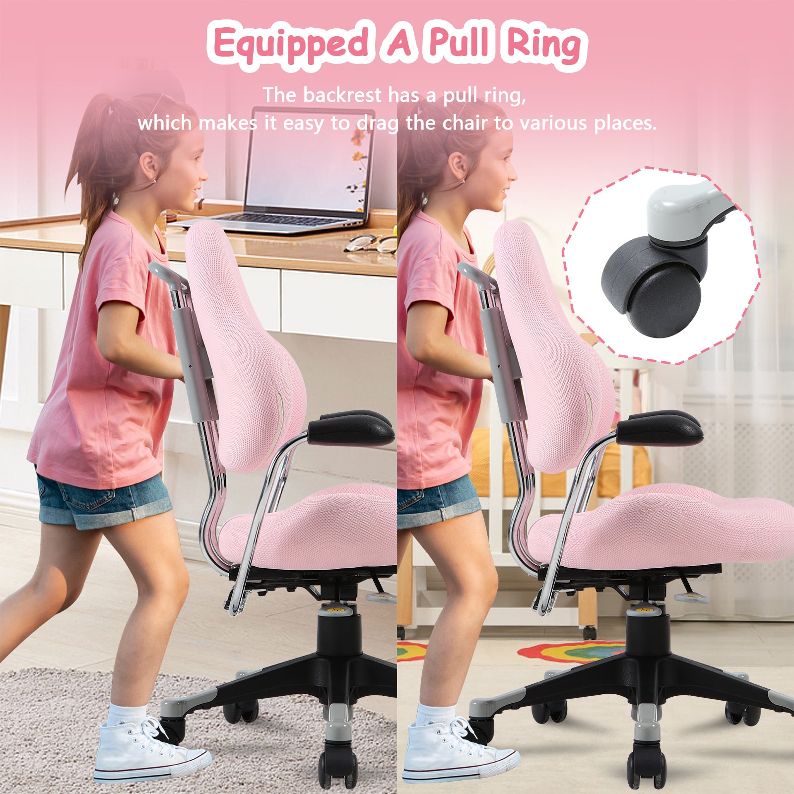 Ergonomic Children Kids Study Desk Chair Swivel Chair with Adjustable Height Mesh Mid-Back, Pink