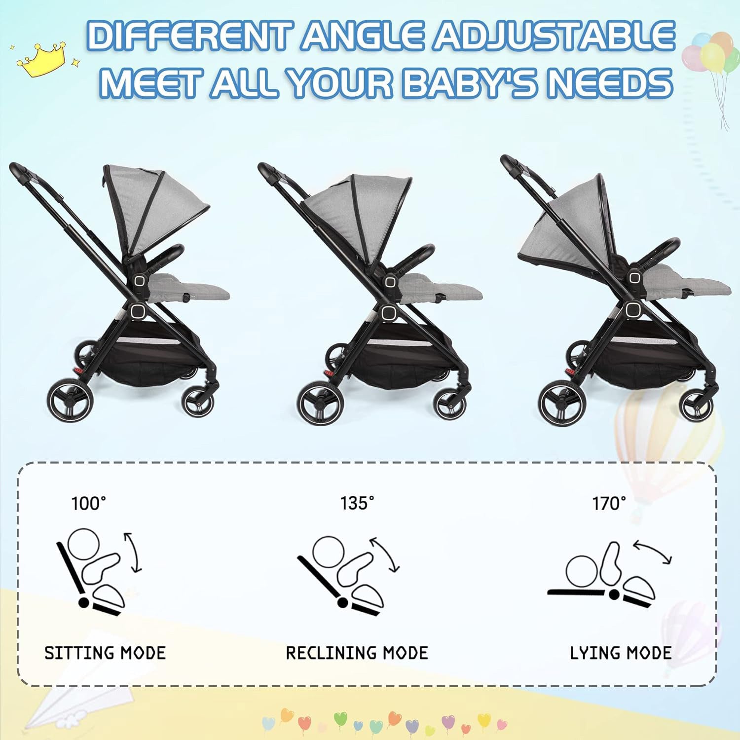 2 in 1 Convertible Baby Stroller Carriage Bassinet to Stroller Adjustable Footrest & Canopy, 5-Point Seat Belt, Lightweight Aluminum Frame, Gray