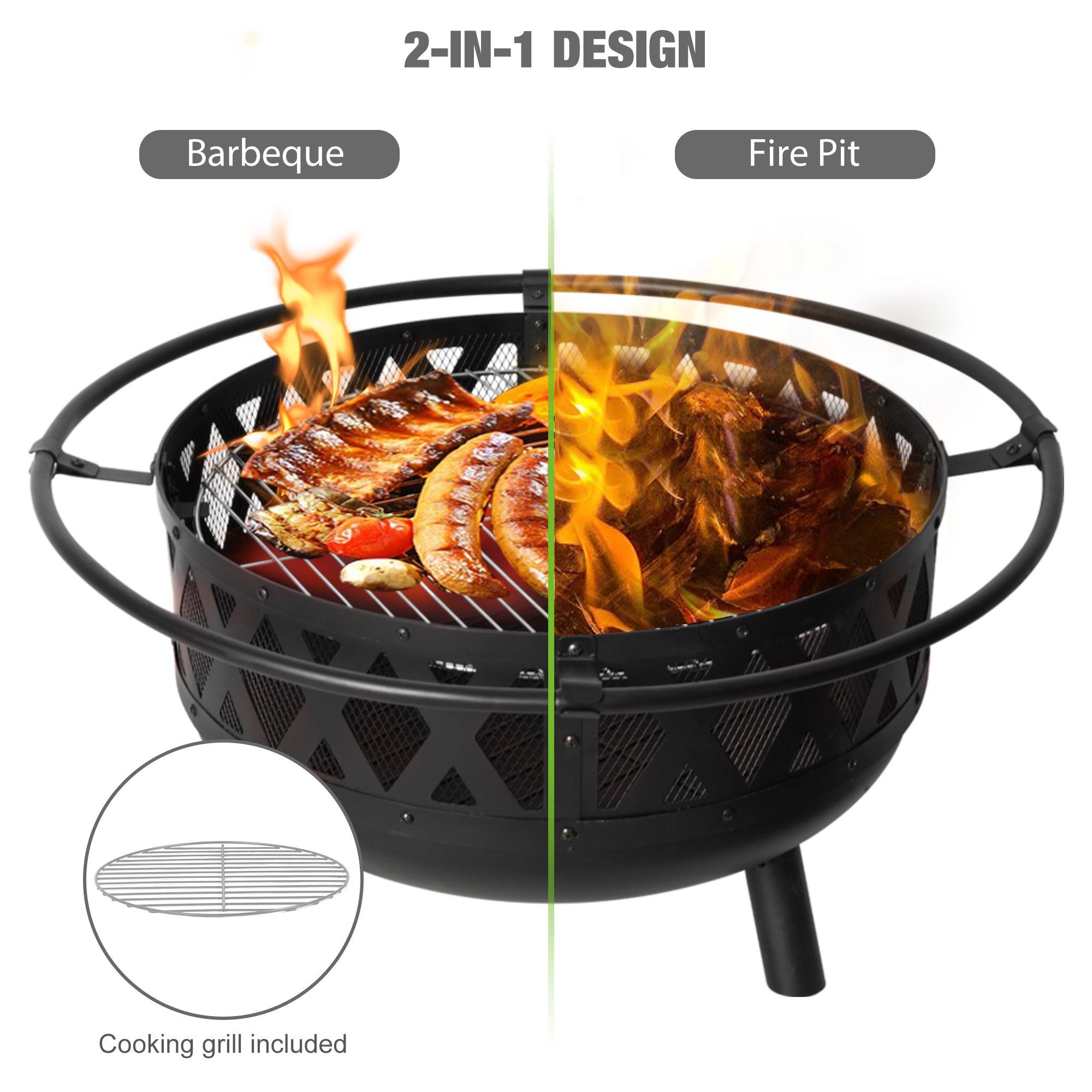 Round Outdoor Wood Burning Fire Pit 22.8" with Steel BBQ Grill, Spark Screen and Poker