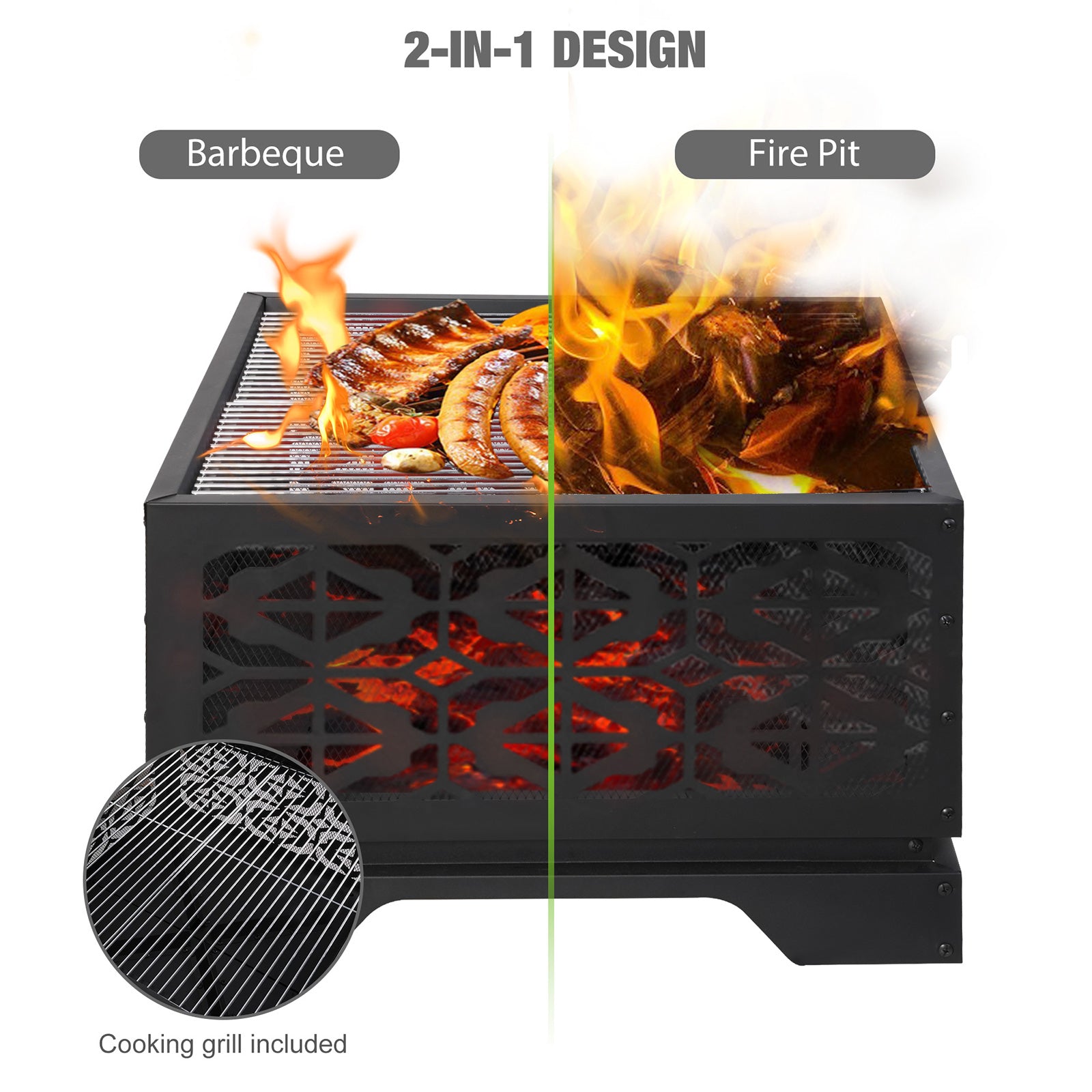 Square Outdoor Wood Burning Fire Pit 26" with Steel BBQ Grill, Spark Screen and Poker