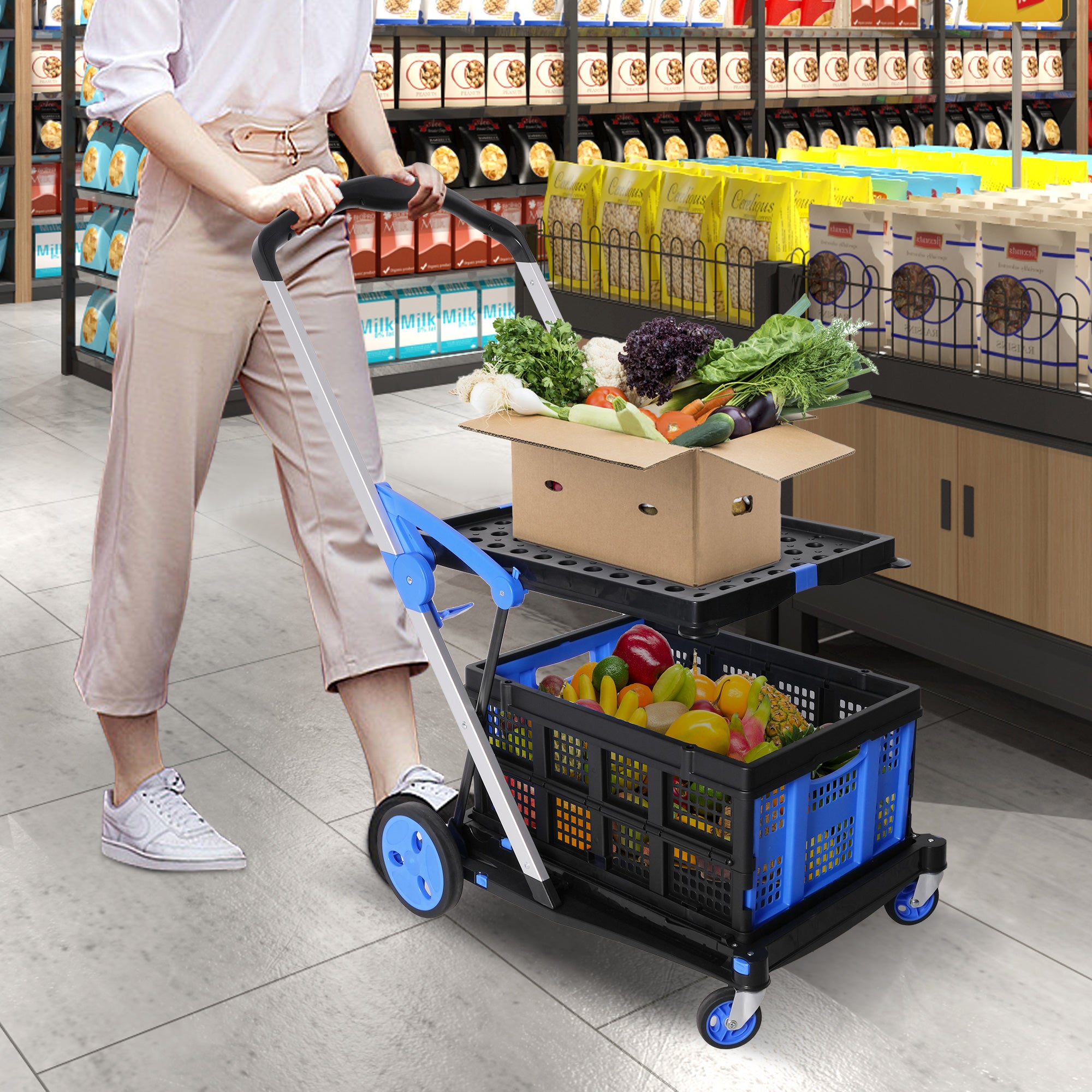 2-Tier Collapsible Cart with Crate Multi-Functional Foldable Trolley with Rolling Swivel Wheels