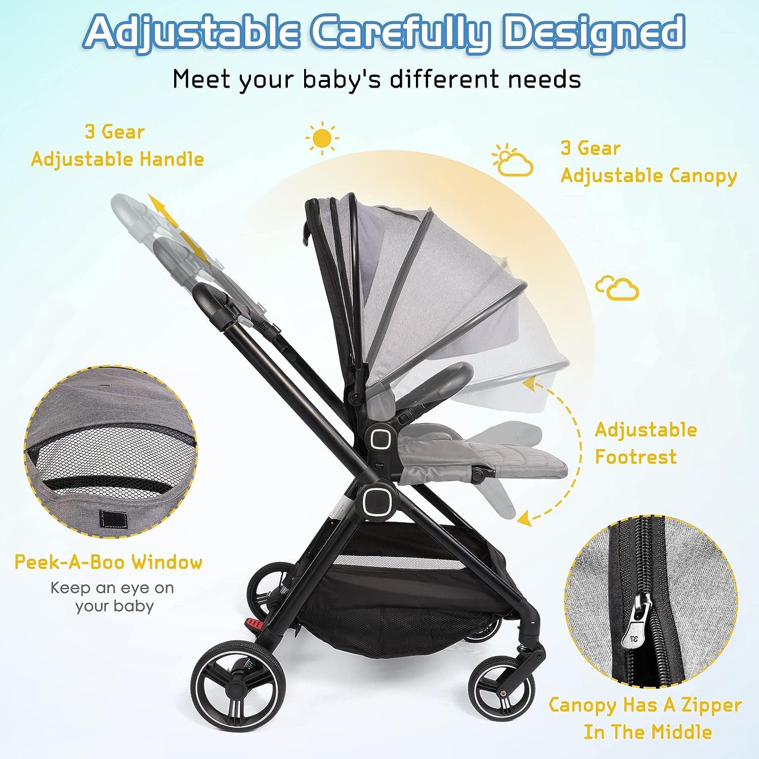 2 in 1 Convertible Baby Stroller Carriage Bassinet to Stroller Adjustable Footrest & Canopy, 5-Point Seat Belt, Lightweight Aluminum Frame, Gray
