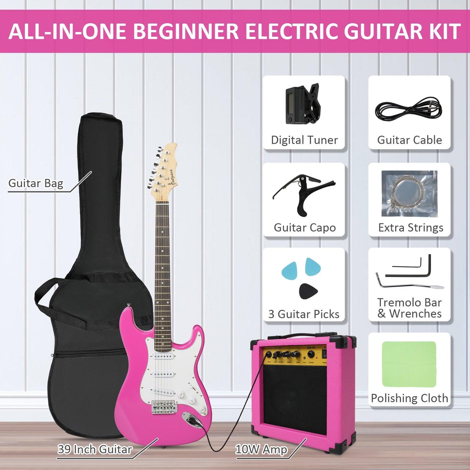 (Out of Stock) Entry Level Electric Guitar Set, 39" Teenage Electric Guitar w/ 15W Amplifier, Carrier Bag, Tuner, Strings, Picks, Cable, Pink