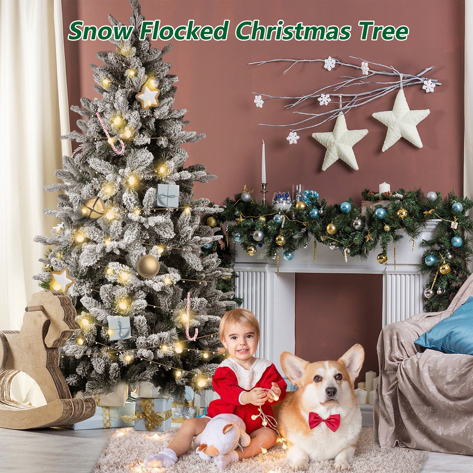 6.9' Artificial Christmas Pine Tree Snow Flocked Xmas Tree with 950 Branch Tips