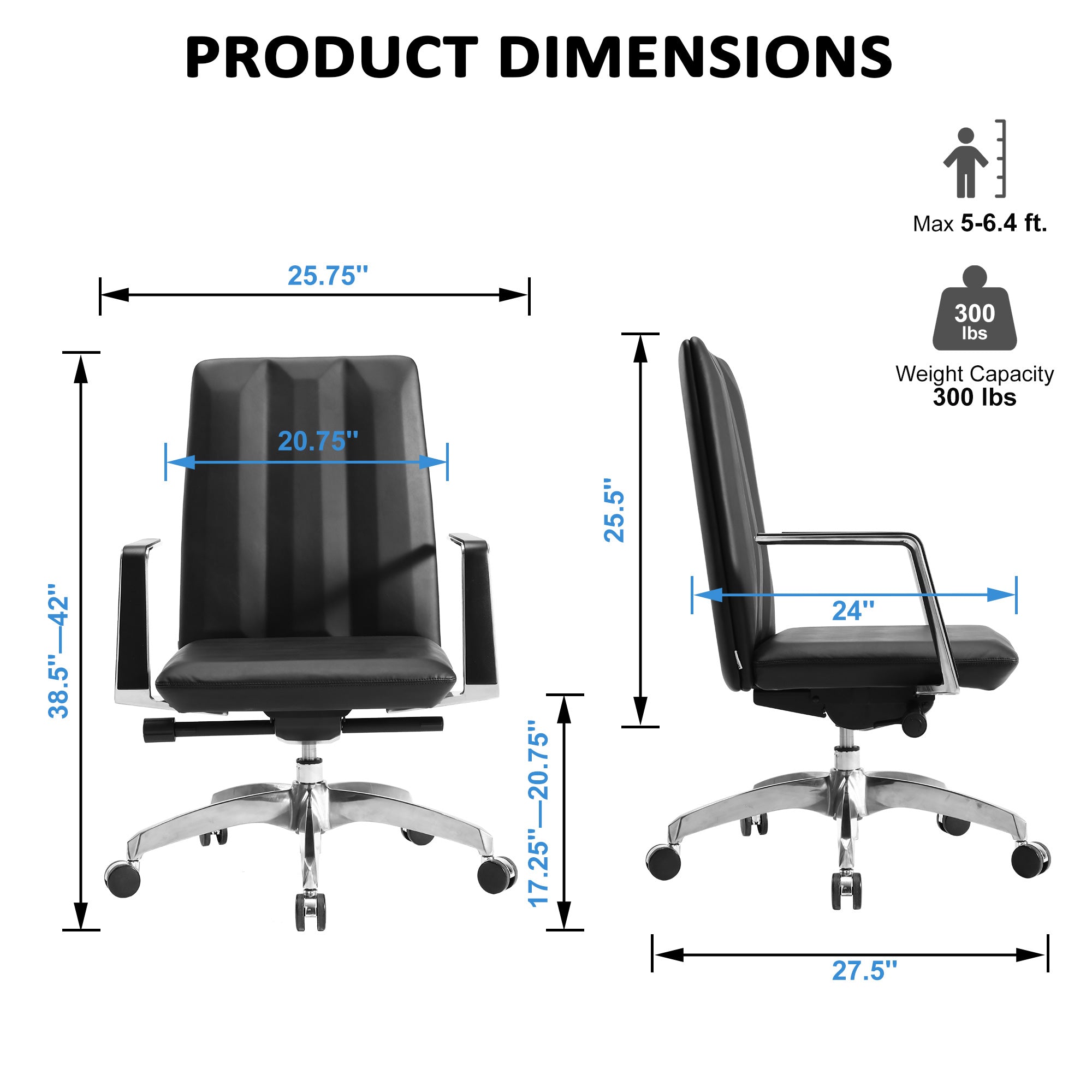 Low Back Chair, Ergonomic Leather Office Chair, Office Chair with Adjustable Height and Tilt Function, 360° Swivel, Large Tall Computer Chair, Black
