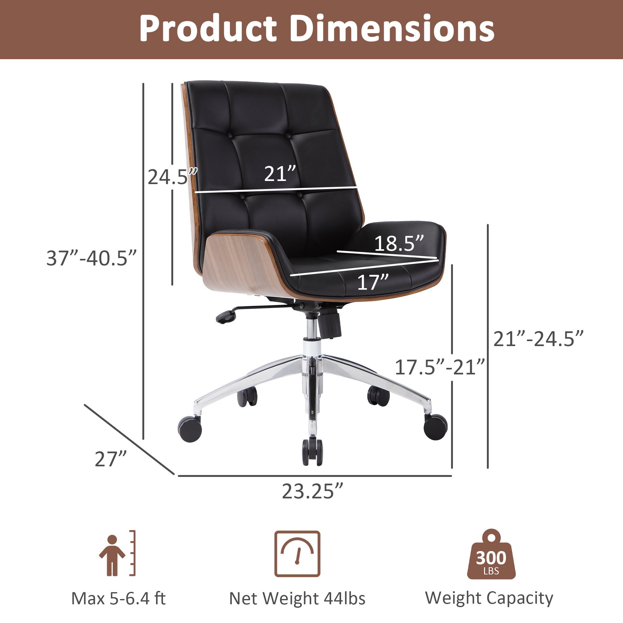 Executive Office Chair with Adjustable Height, Tilt Function, Solid Wood Arms and Base, 360° Swivel - Leather Office Chair for Office and Home Work in Black
