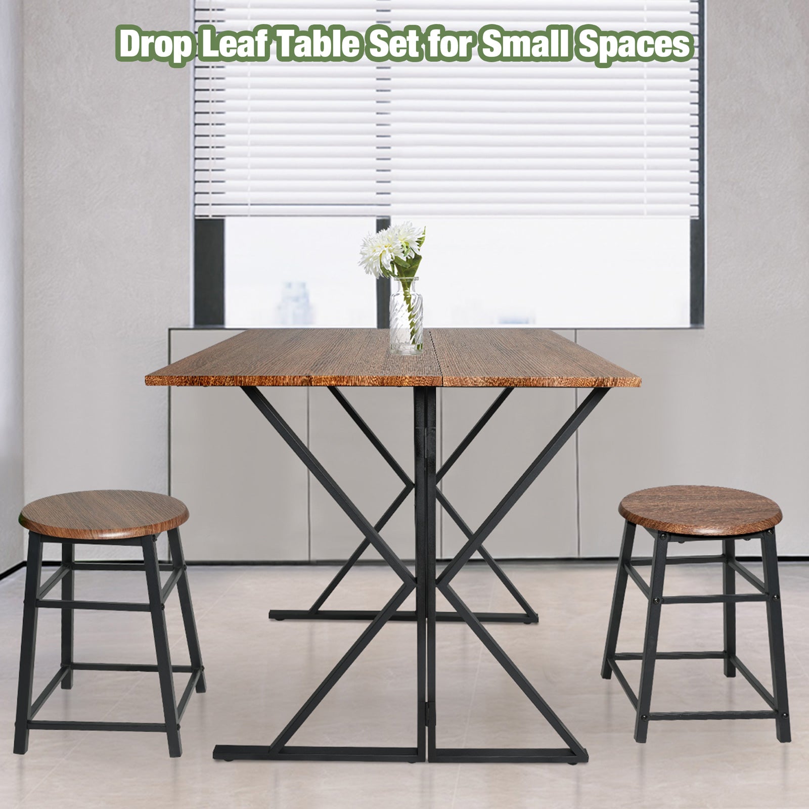 Mid Century Drop Leaf Table Set, 35.4" Drop Leaf Table for Small Space with 2 Stools