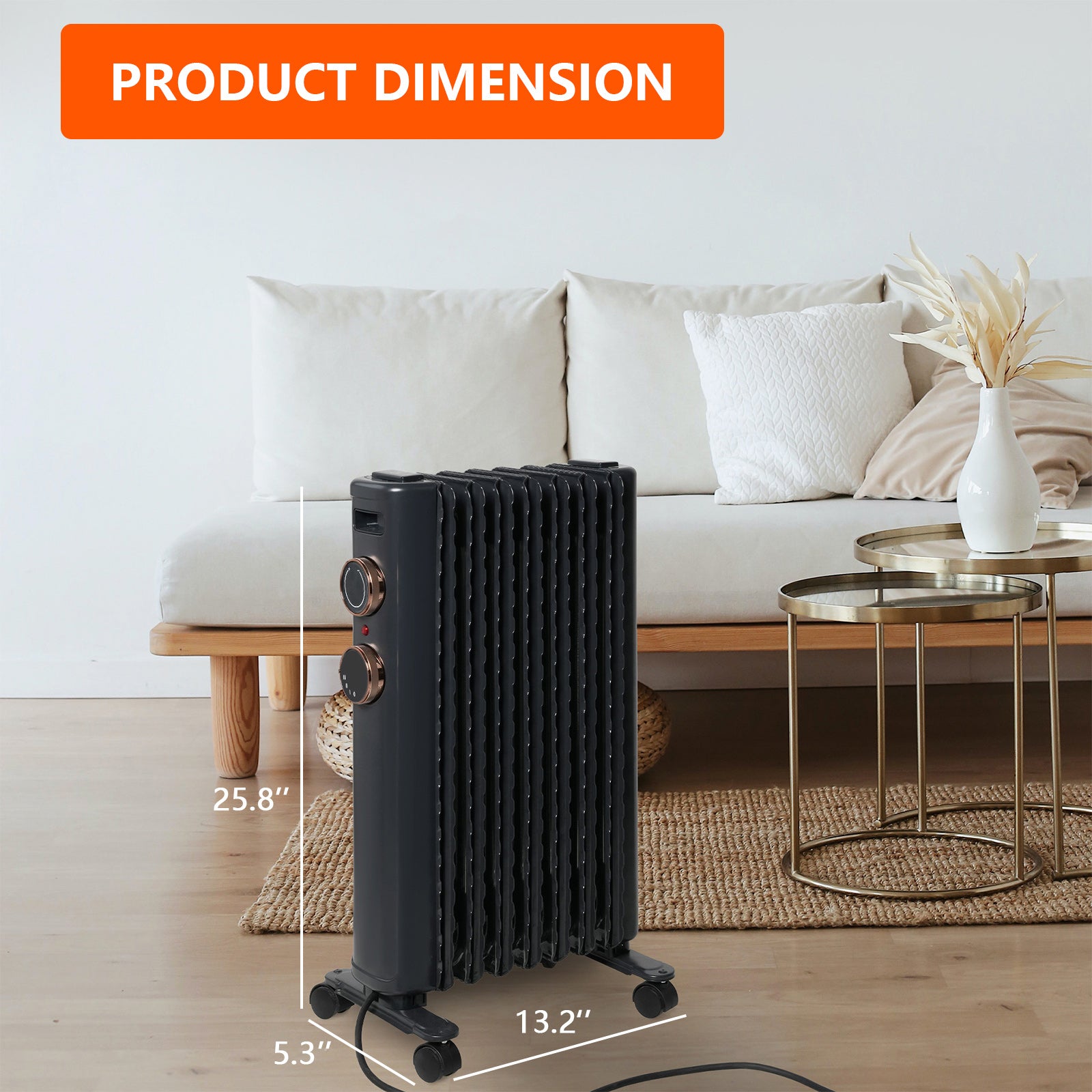 1500W Portable Electric Radiator Oil Filled Heater With 3 Heating Modes, Adjustable Thermostat, Matte Black