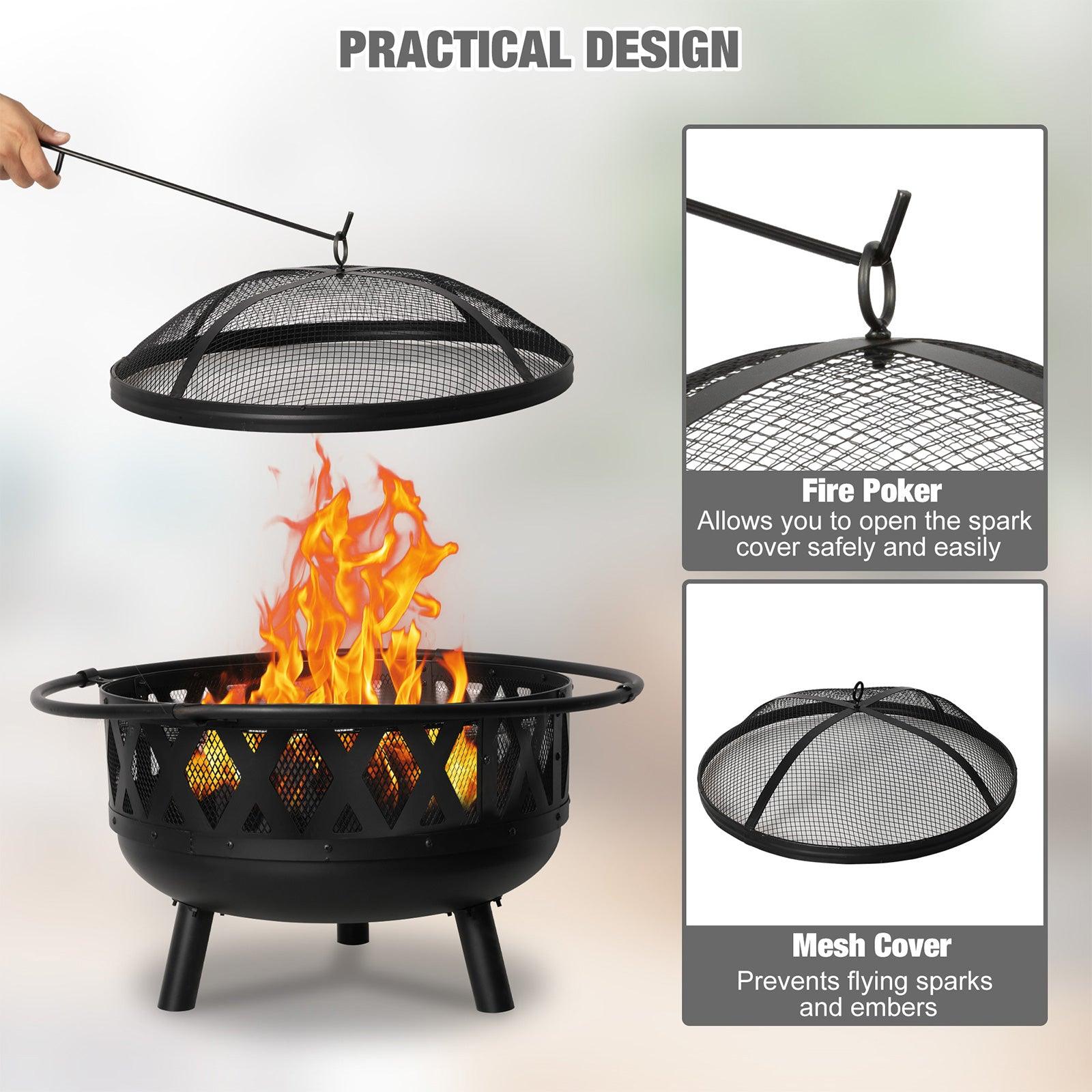 Round Outdoor Wood Burning Fire Pit 22.8" with Steel BBQ Grill, Spark Screen and Poker