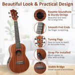23-inch Mahogany Wood Ukulele, Wooden Electric Ukulele Starter for Adult Practice or Performance, with Tuner Tape and Full Accessories