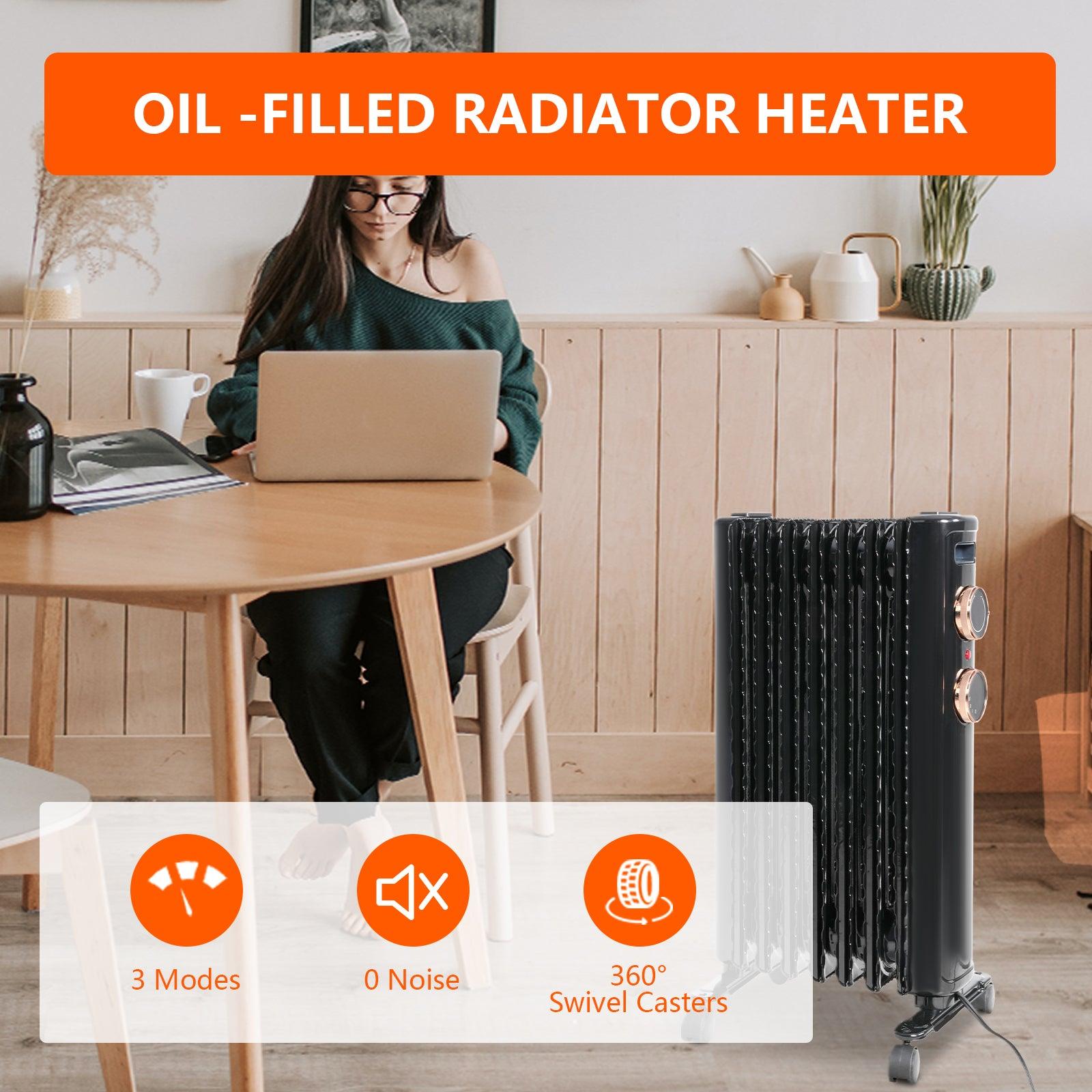 1500W Portable Electric Radiator Oil Filled Heater With 3 Heating Modes, Adjustable Thermostat, Black