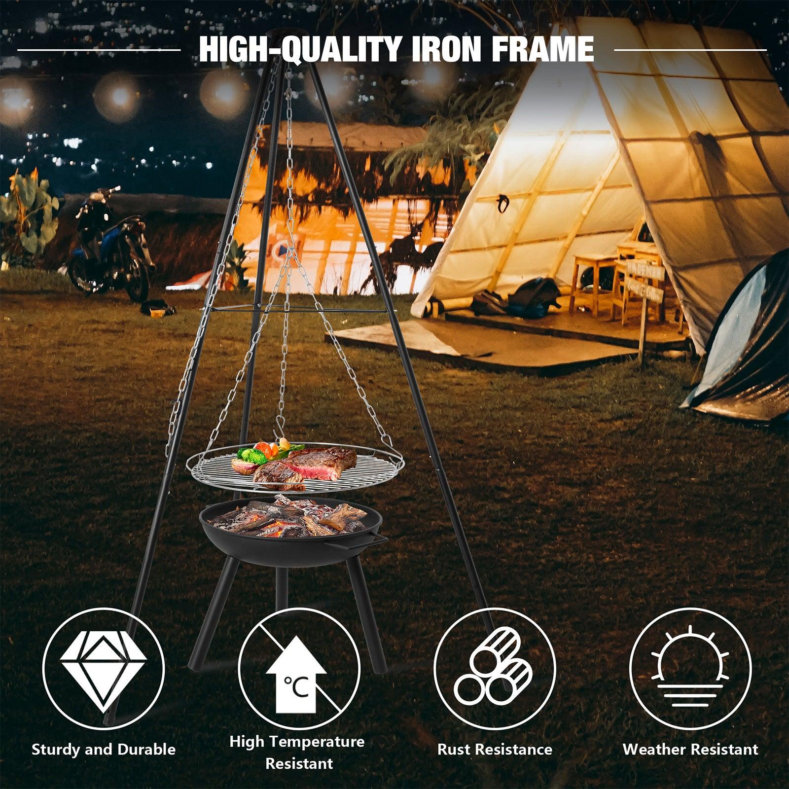 (Out of Stock) Outdoor Height Adjustable Wood Burning Fire Pit Tripod Cooking Grill with Round Grill Grate