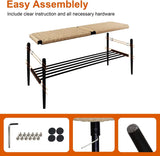 Hand Woven Surface Shoes Storage Rack  Bench Stool with Metal Shelf, Black
