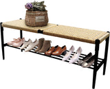 Hand Woven Surface Shoes Storage Rack  Bench Stool with Metal Shelf, Black