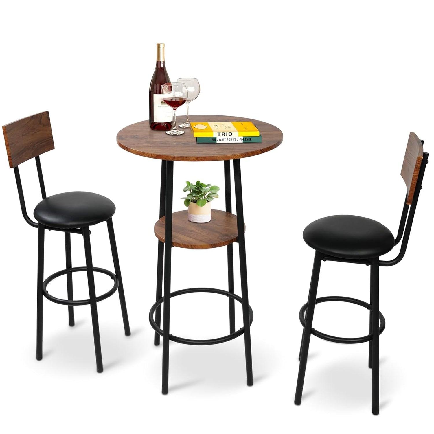 Round Bar Table and Chairs Set, 2-Tier Table and PU Upholstered Stools with Backrest