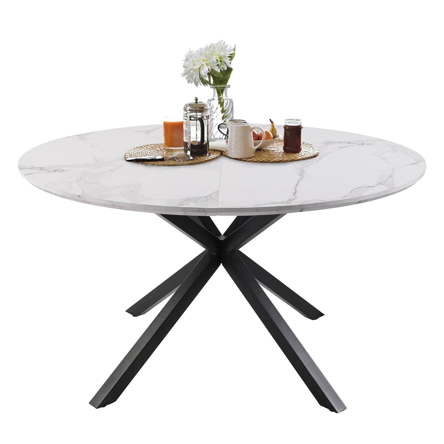 53" Mid-Century Modern Round Dining Room Table for 4-6 Person W/Solid Metal Legs, Marble Texture