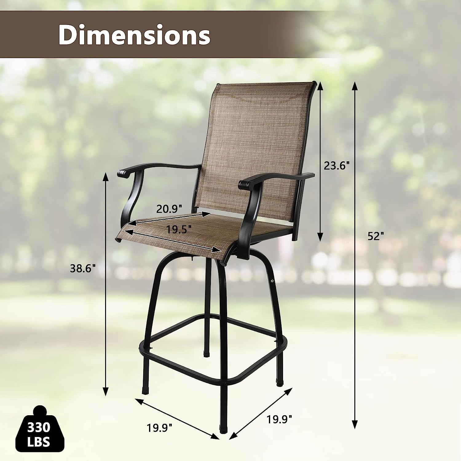 2 Pcs Outdoor  Swivel Bar Stools, Height Patio Bar Chair with High Back, Armrest & Breathable Textilene Fabric