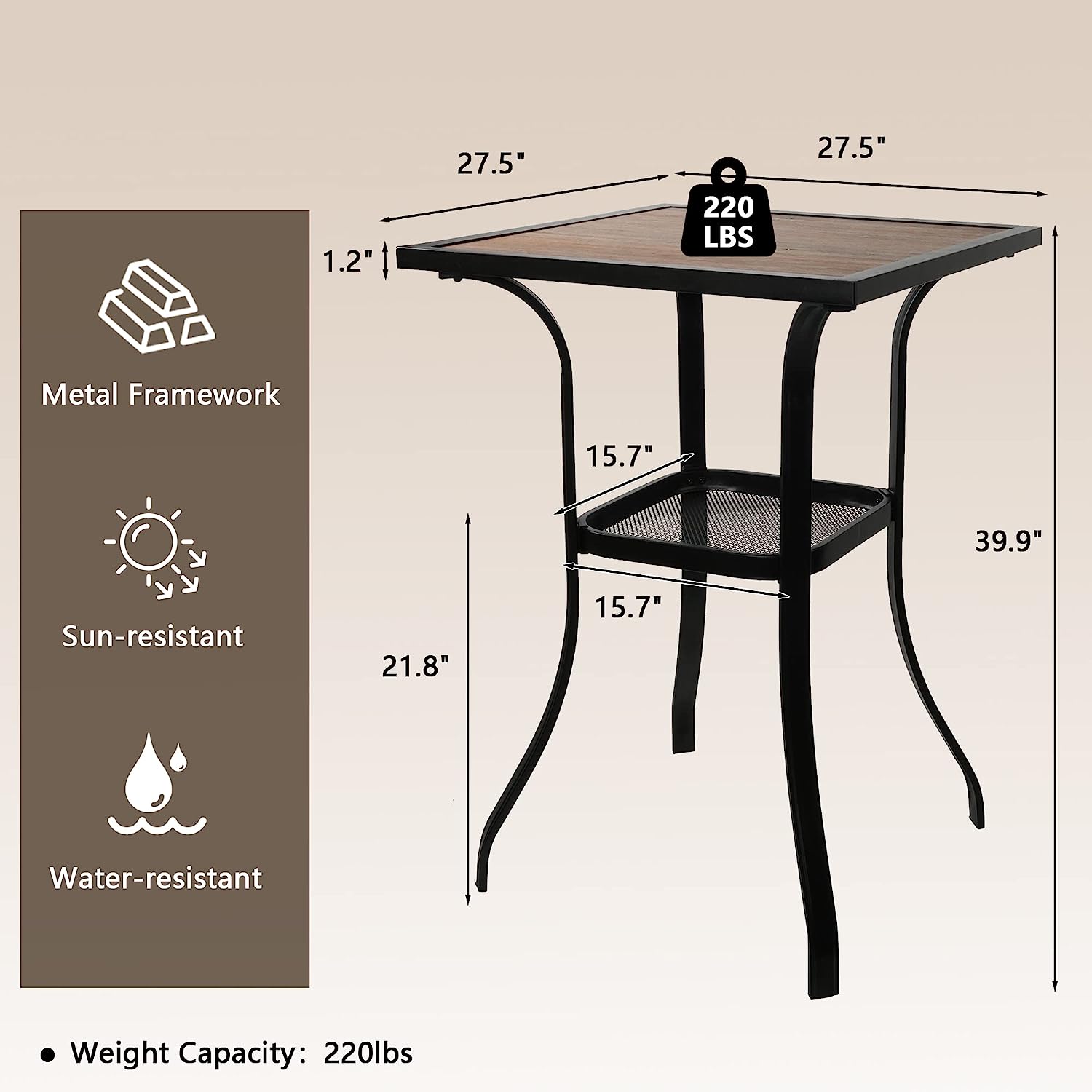 (Out of Stock) Patio Square Bar Table for Garden Backyard with Storage Rack & Wooden-Like Table Top