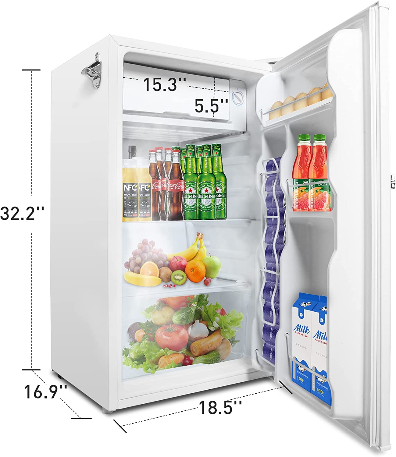 3.2 Cu.Ft Compact Fridge with Freezer, White Single Door Mini Refrigerator with Adjustable Thermostat Control