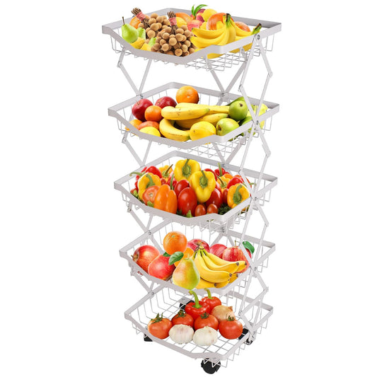 5 Tier Foldable Fruit Basket Kitchen Storage Rolling Cart, Living Room Baskets