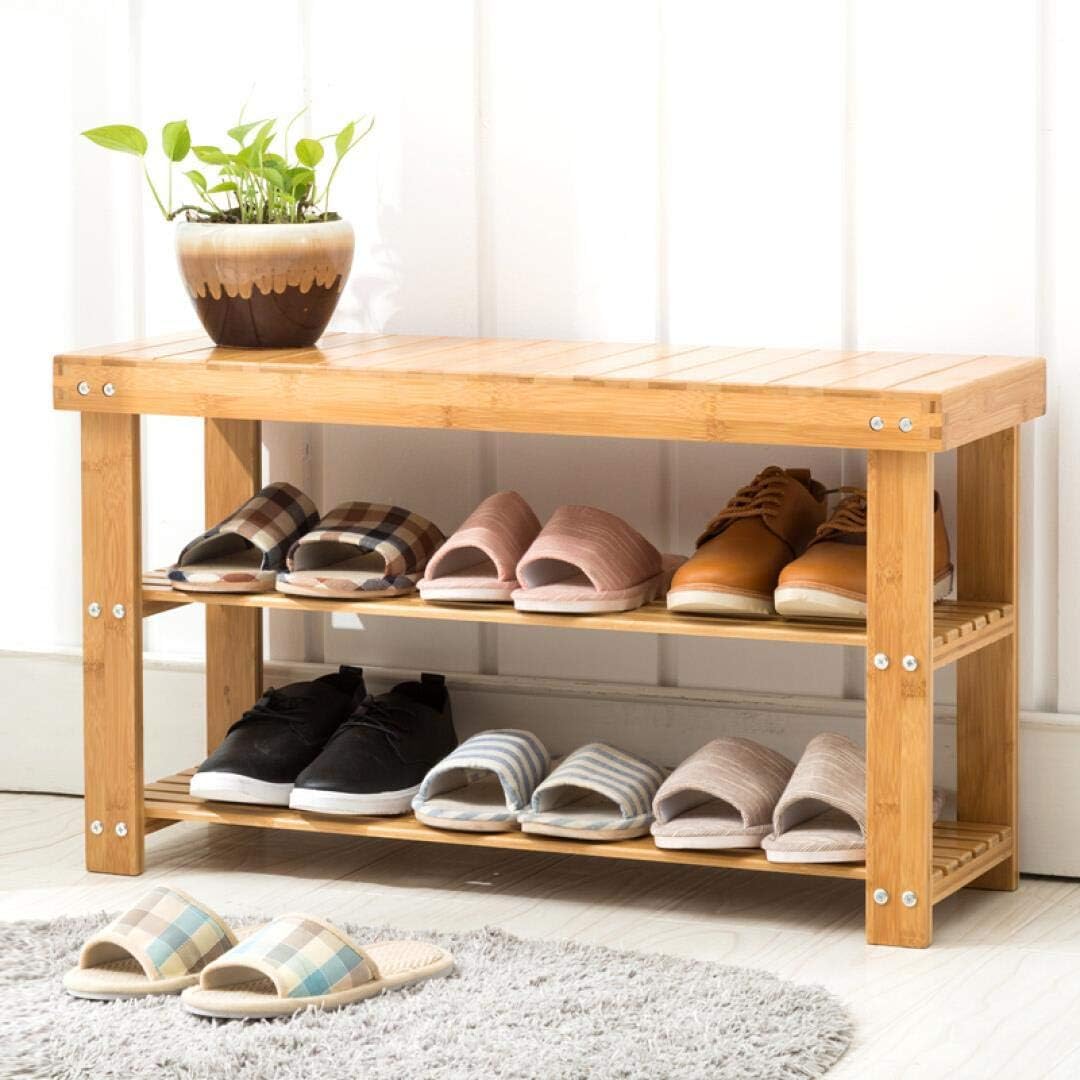 Bamboo Shoes Storage Rack 2-Tier Shoe Bench Seat for Entryway Shelf Organizer for Hallway, 27.5”(L) X 11” (W) X 17.7” (H)