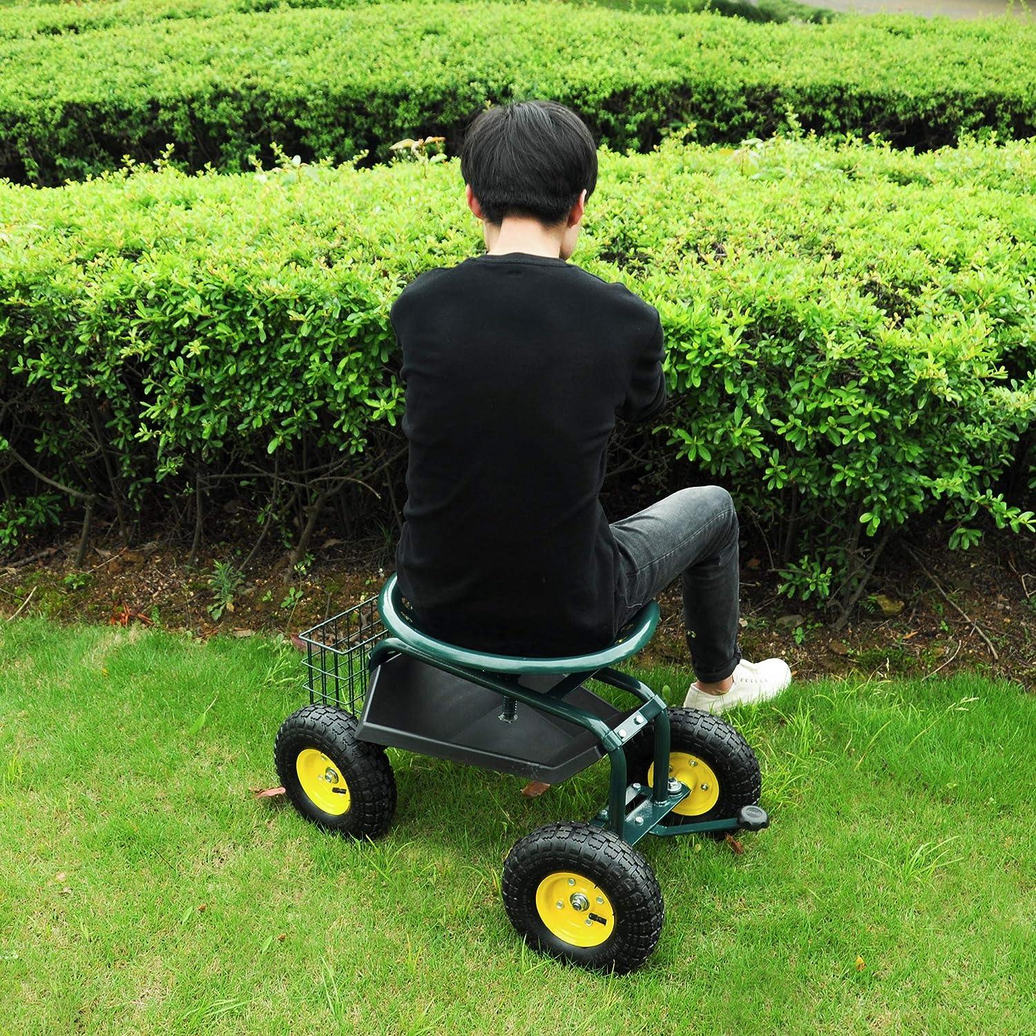 Garden Cart Wagon Scooter Rolling Yard Work Seat with Tool Tray and 360 Swivel Seat - Bosonshop