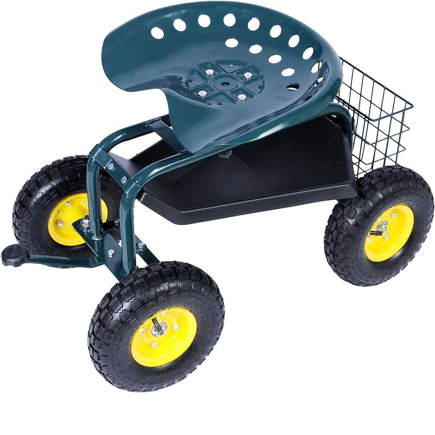 Garden Cart Wagon Scooter Rolling Yard Work Seat  with Tool Tray and 360 Swivel Seat