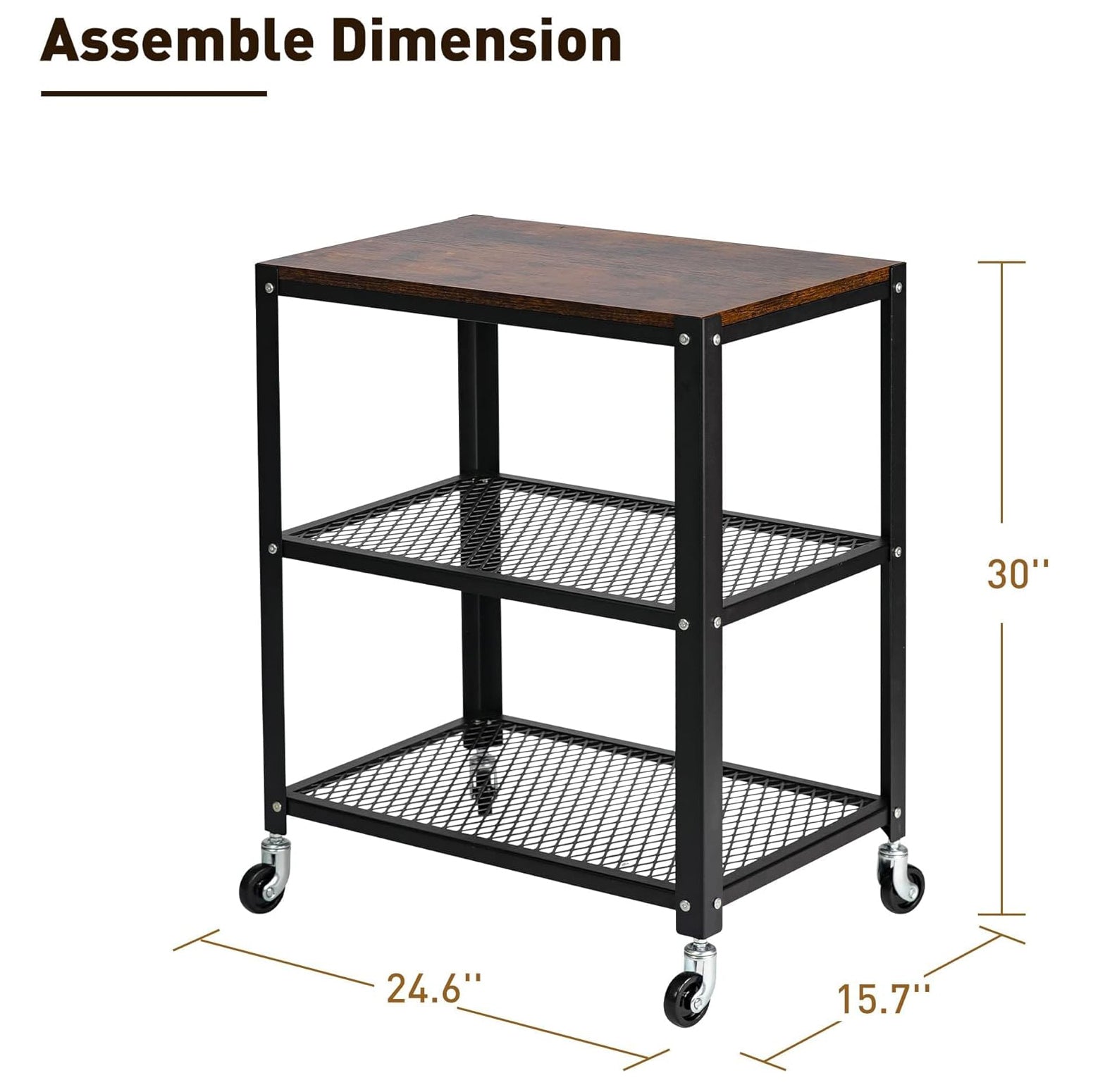 3-Tier Modern Style Storage Rack with Wheels - Steel Movable Storage Shelf and Display Rack in Black/Brown