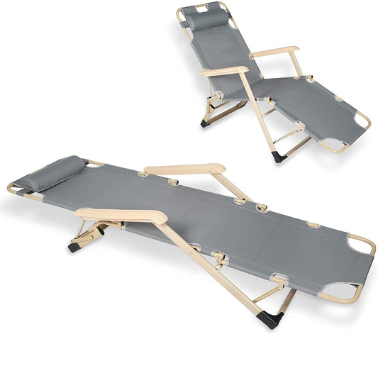 Set of 2 Heavy Duty Lounge Chairs and Full Flat Cot 2 Positions, Folding Reclining Chairs for Outdoor Beach Pool Camping