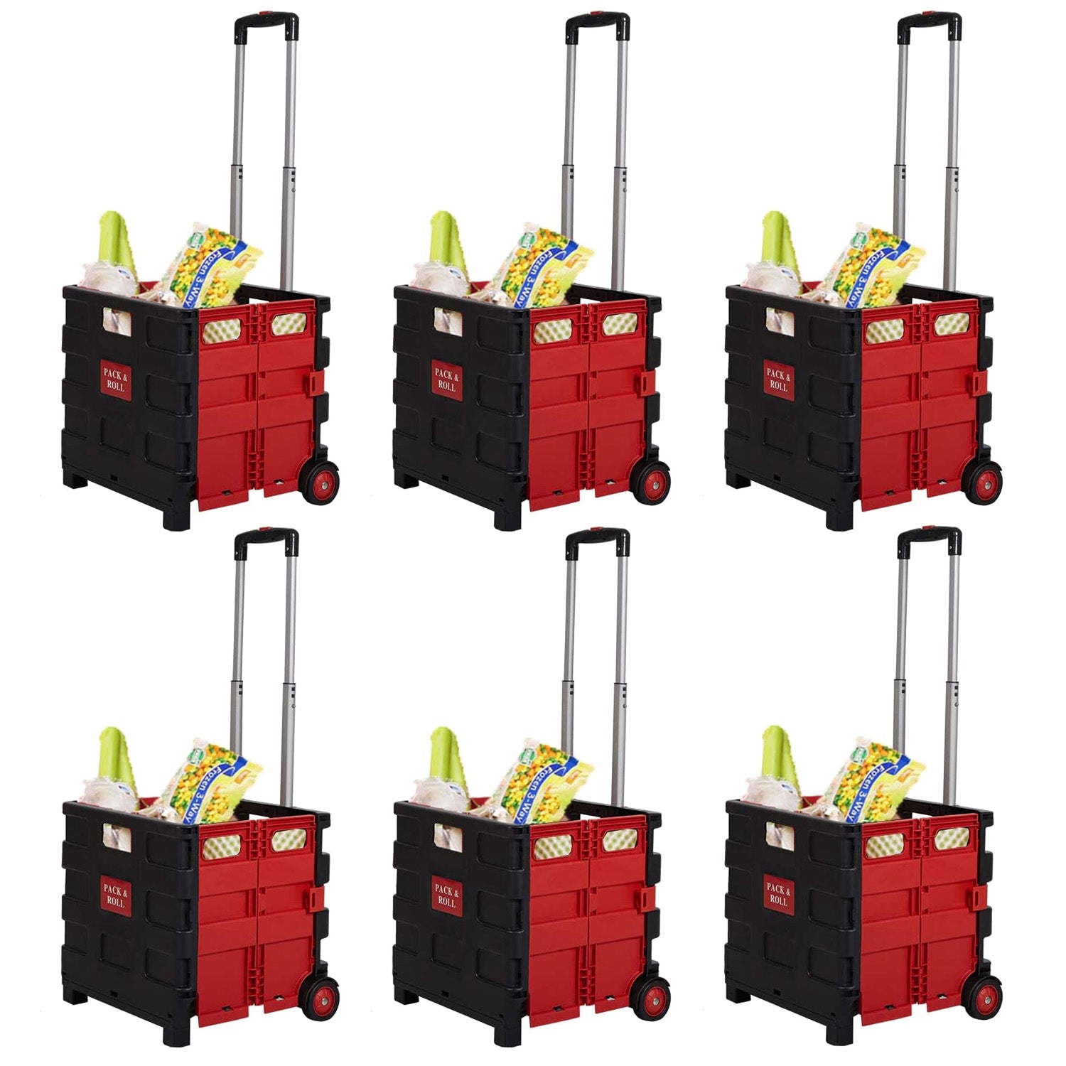 6 Pack Collapsible Rolling Crate Utility Cart 56L Foldable Grocery Cart with Wheels (Red, Large)