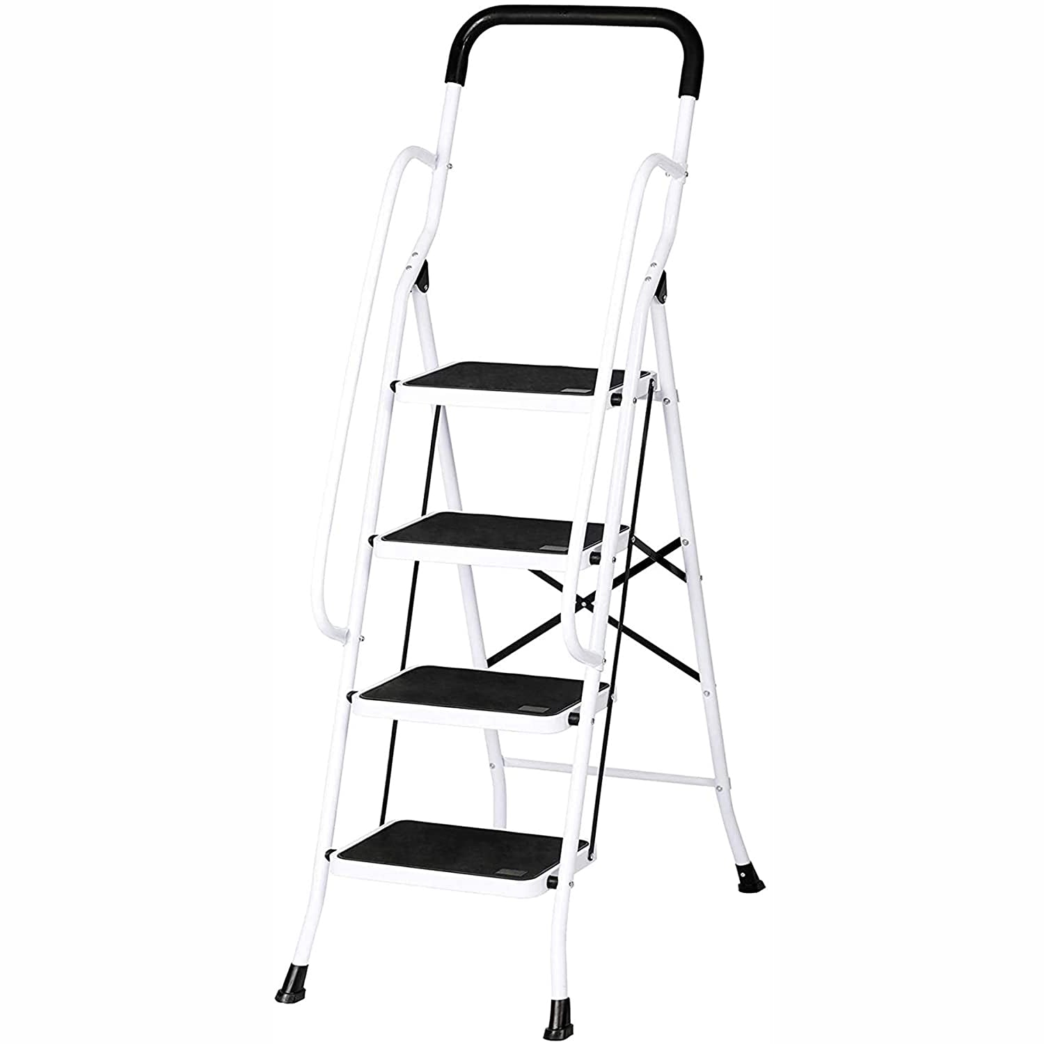 4 Steps Ladder Folding Step Stool With Hand Grip Non-Slip Safety Rails 330 lb Load Capacity