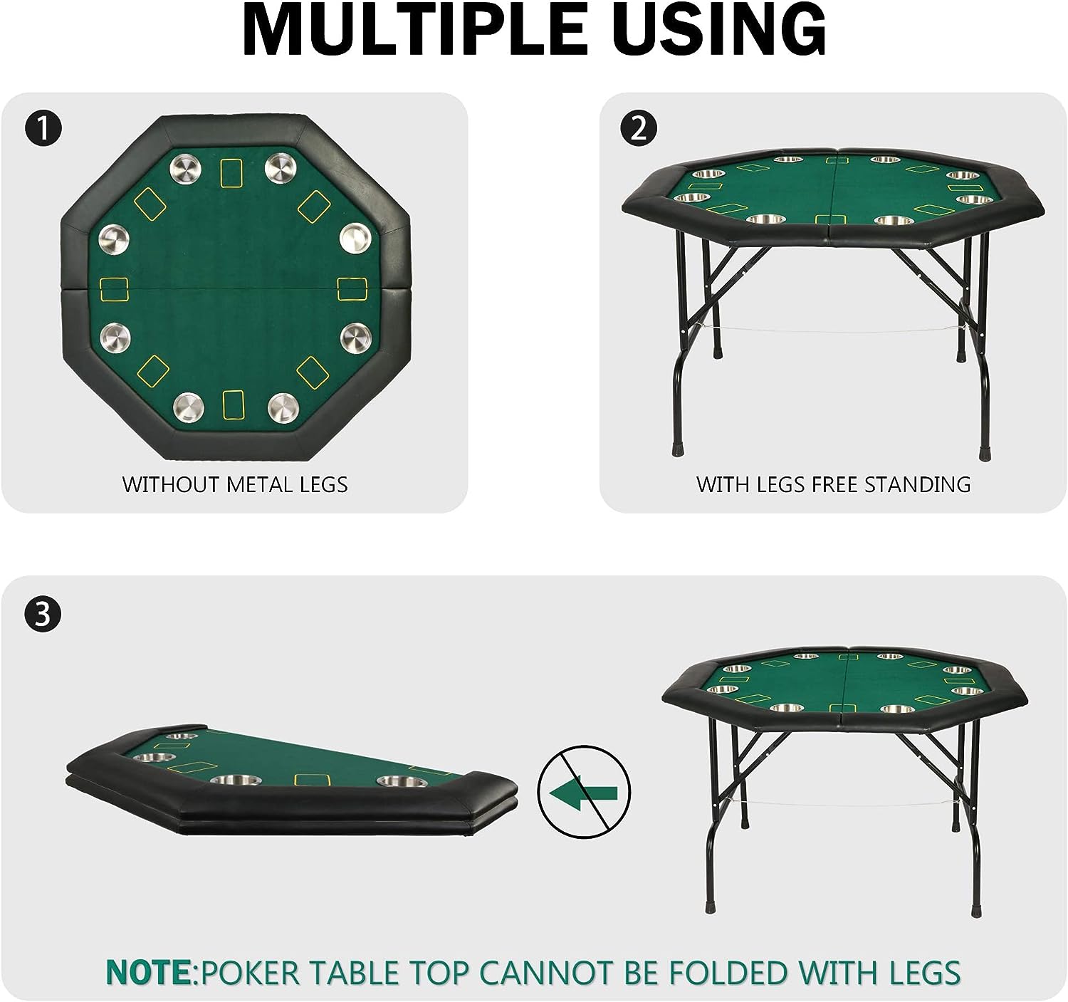 48" Octagon 8-Player Foldable Poker Table Texas Casino Table with Stainless Steel Cup Holder