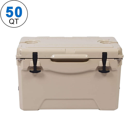 Rotomolded Cooler, 50QT Tan Cooler with Built-in Cup Holder, Bottle Openers, and Fish Ruler