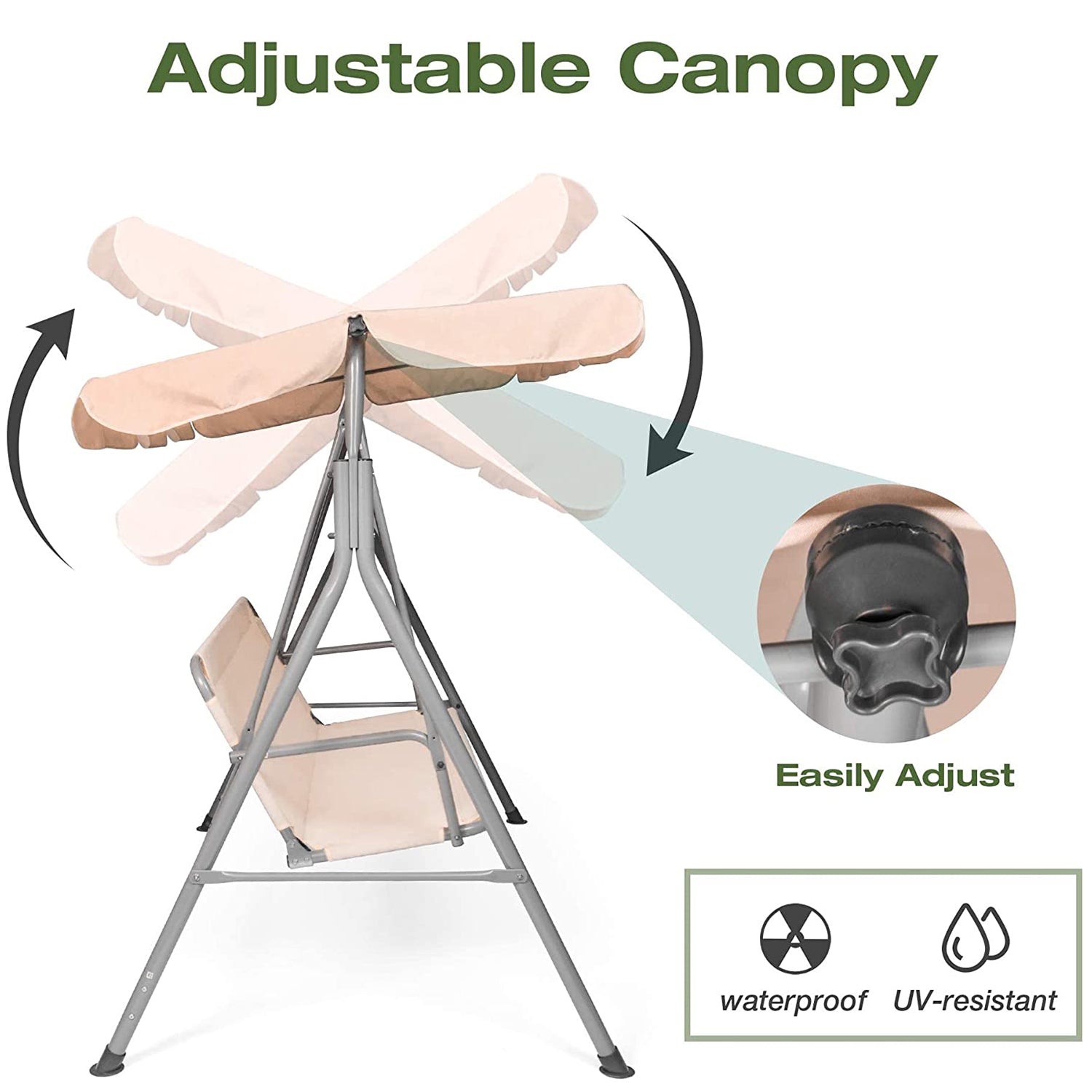 3-Seat Outdoor Patio Swing Chair Adjustable Canopy & Anti-Slip Padded Feets, Beige