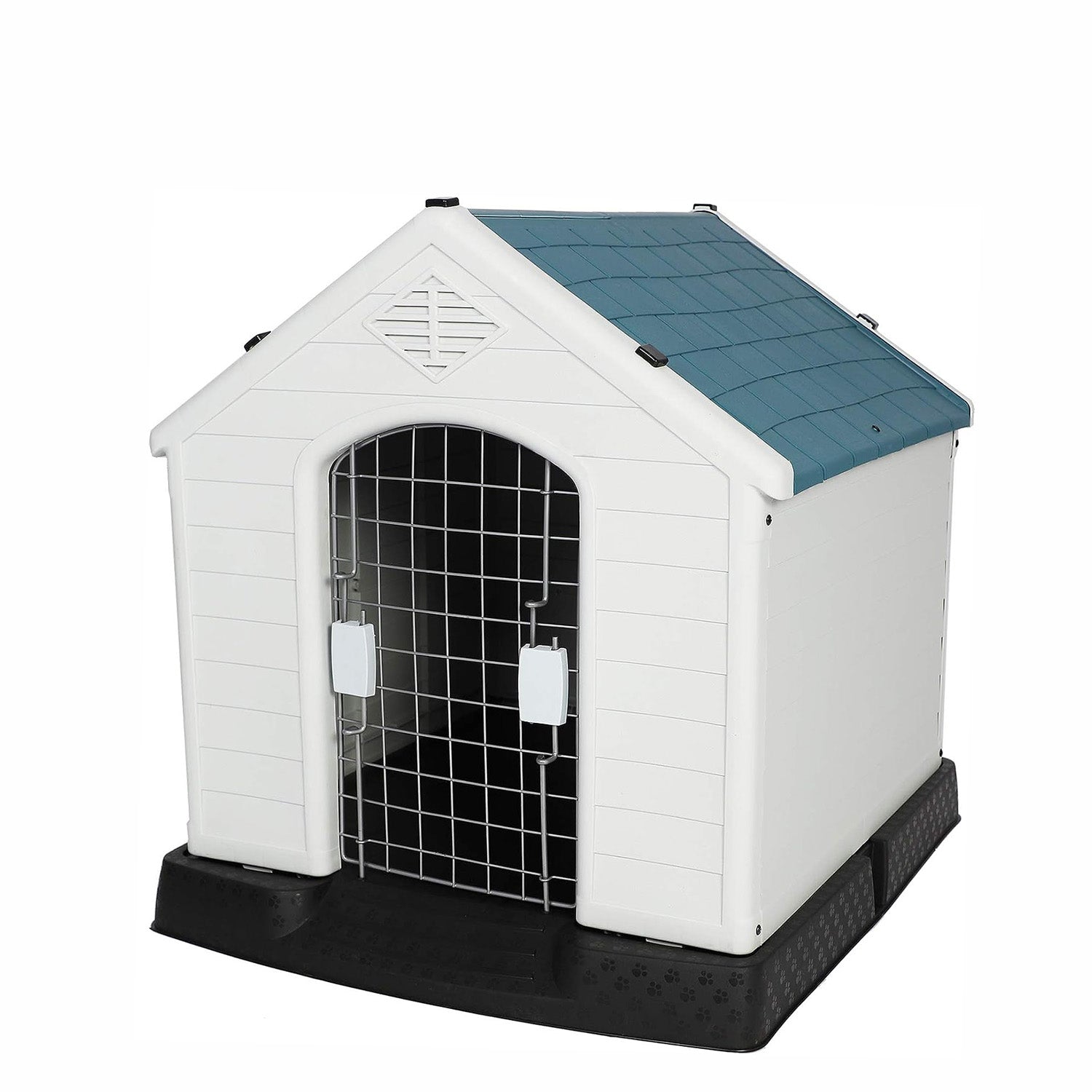 Plastic Outdoor Dog House with Door 24.8" Height Weatherproof Puppy Kennel Resistant Pet Crate with Elevated Floor Air Vents, Small