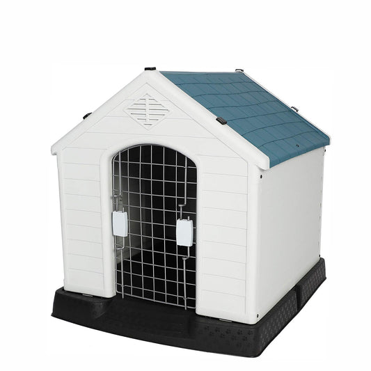 Plastic Outdoor Dog House with Door 24.8" Height Weatherproof Puppy Kennel Resistant Pet Crate with Elevated Floor Air Vents, Small