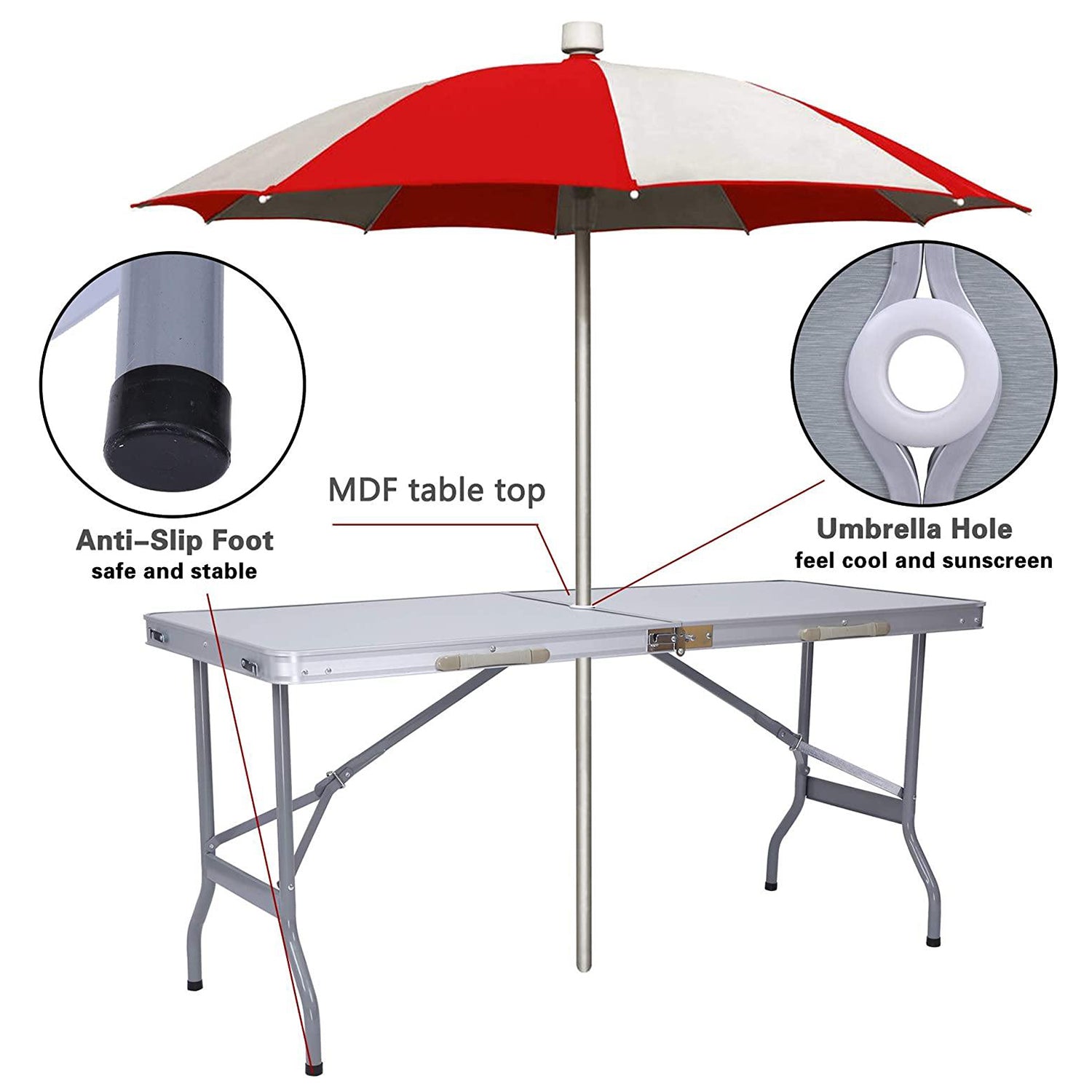 Portable Folding Aluminum Suitcase Table, Compact Camping Picnic Table with Umbrella Hole and Carrying Handle, Silver
