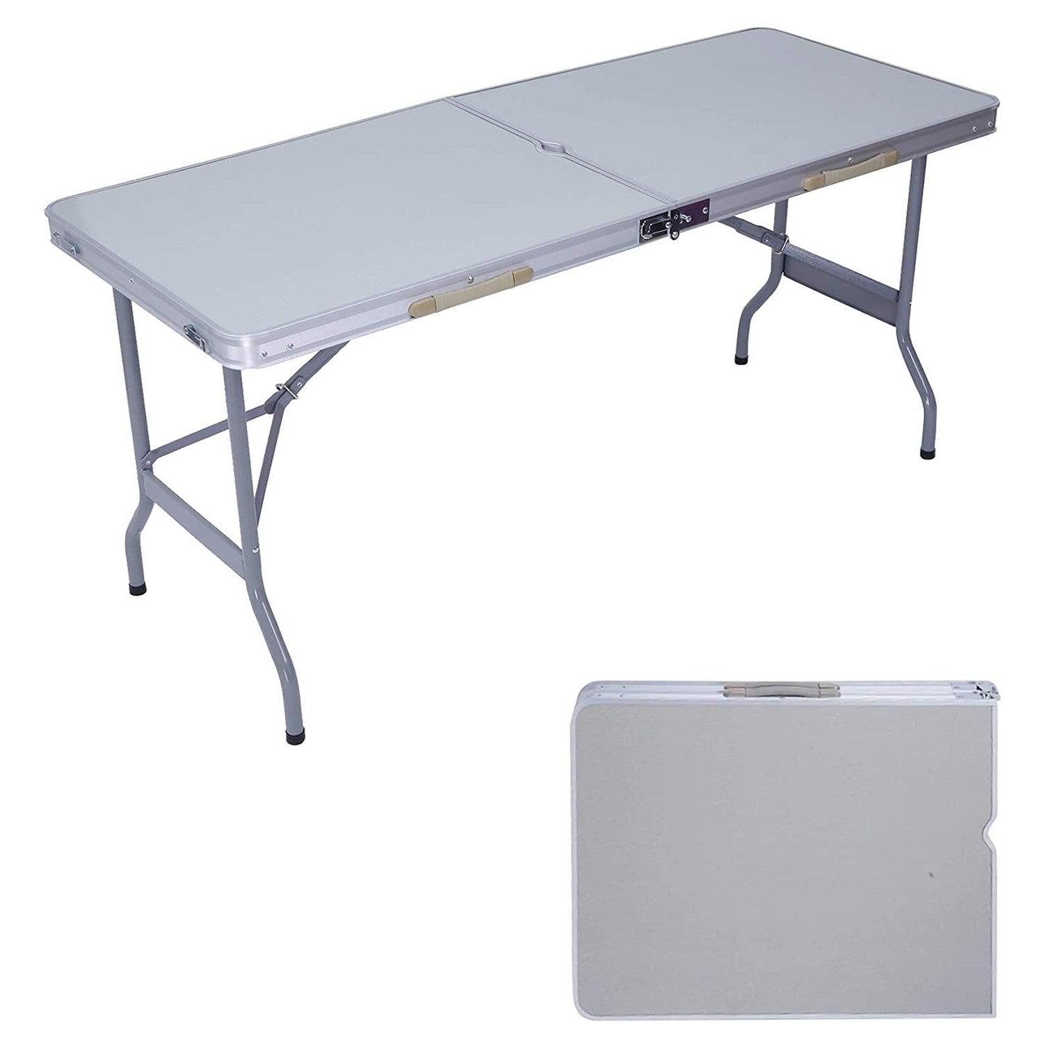 Portable Folding Aluminum Suitcase Table, Compact Camping Picnic Table with Umbrella Hole and Carrying Handle, Silver
