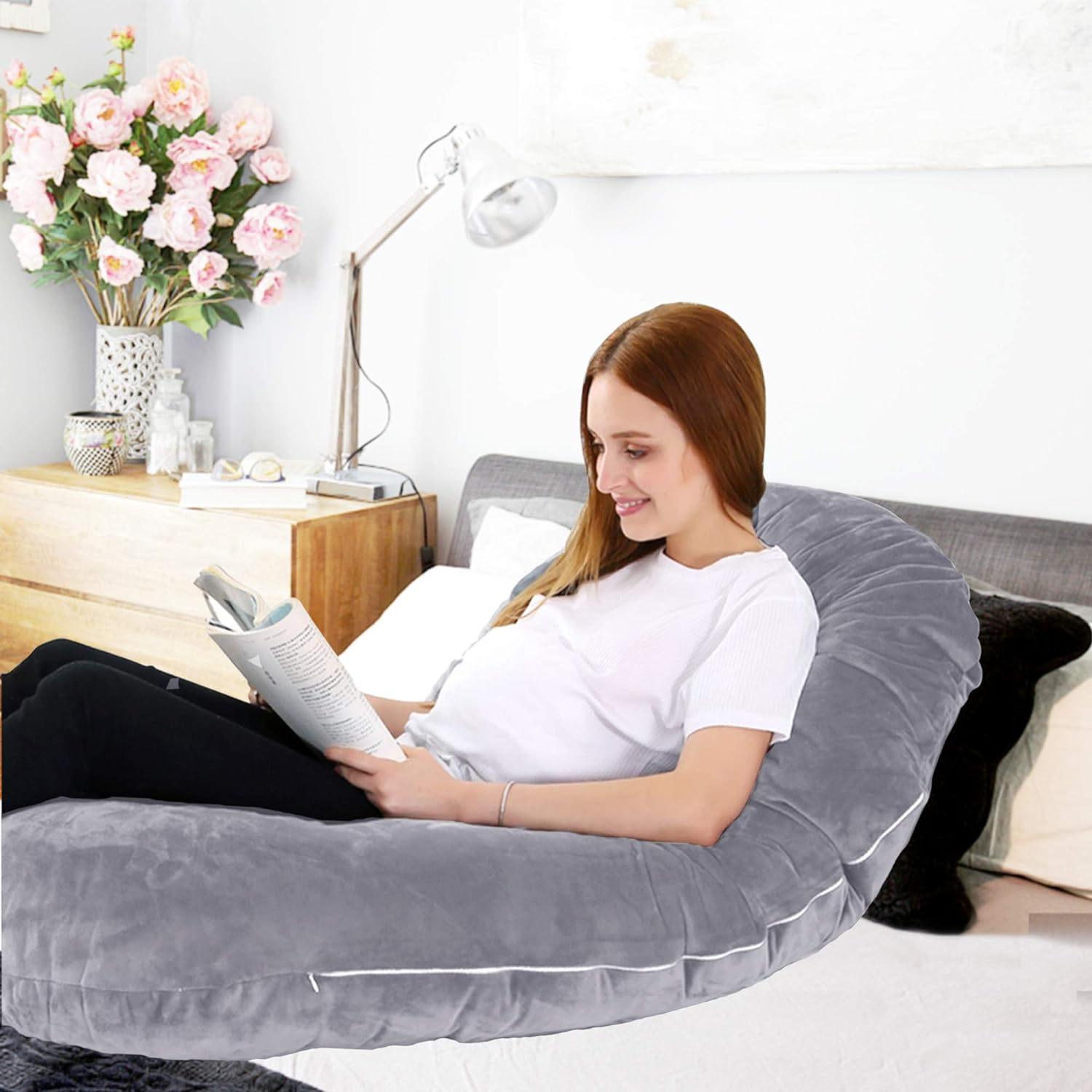 C-Shape Full Body Pillow 53 Inch Maternity Pillow with Washable Velvet Cover Nursing Support Cushion, Support for Back