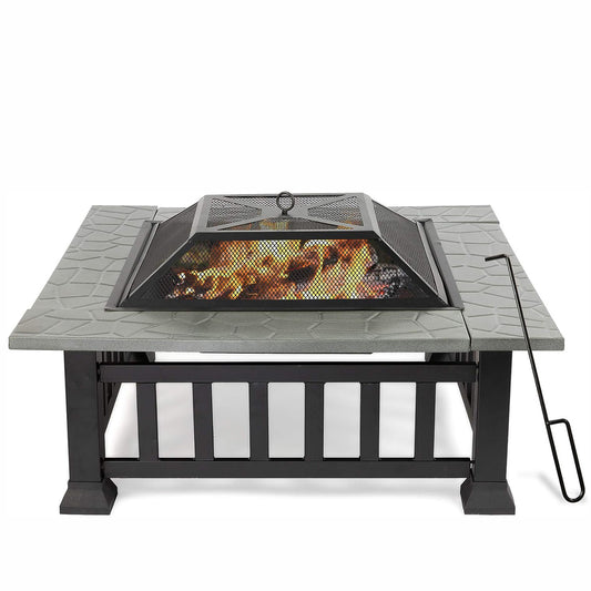 32 Inch Square Fire Pit Table with Wood-Burning Grill, Poker, Lid, and Rain Cover