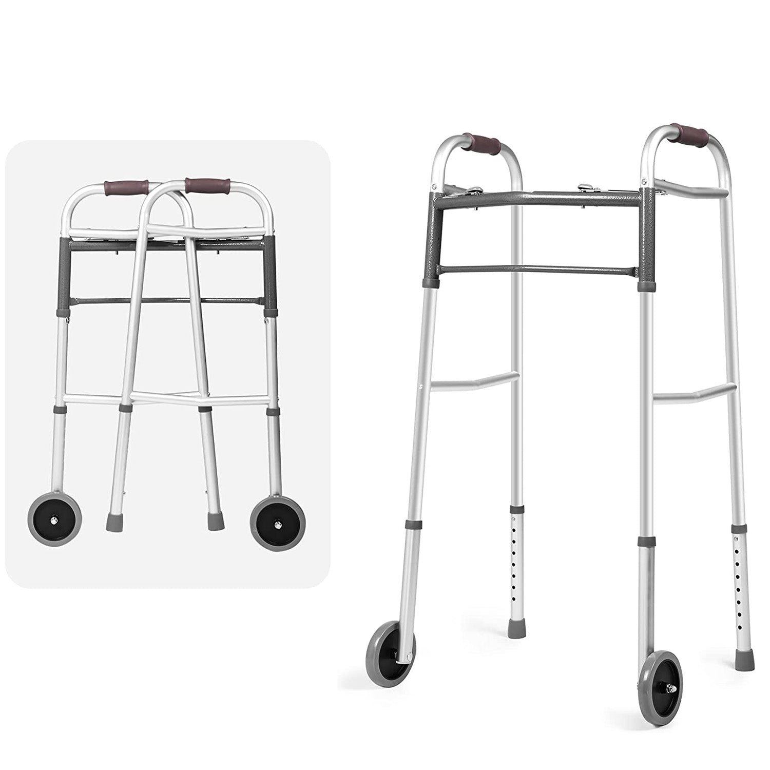 Lightweight Aluminum Alloy Folding Walker with 5" Wheels, 8-Level Height Adjustable Supports up to 300lbs