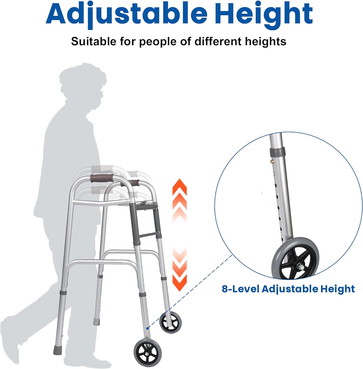 Versatile 32"-39" Adjustable Foldable Walker with 5" Wheels & Folding Button, Supports up to 300 lbs
