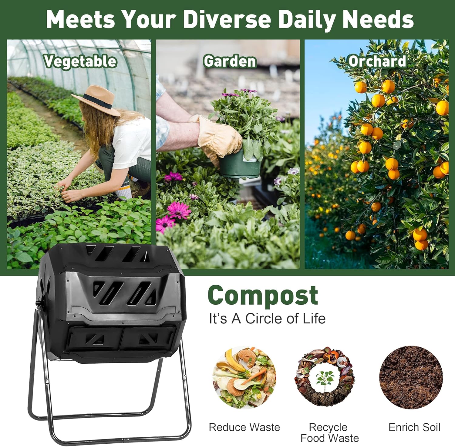 Dual Tumbling Composter 42 Gallon Tumbler Composting Bins Easy Turn System Rotating Barrel With Two Sliding Doors