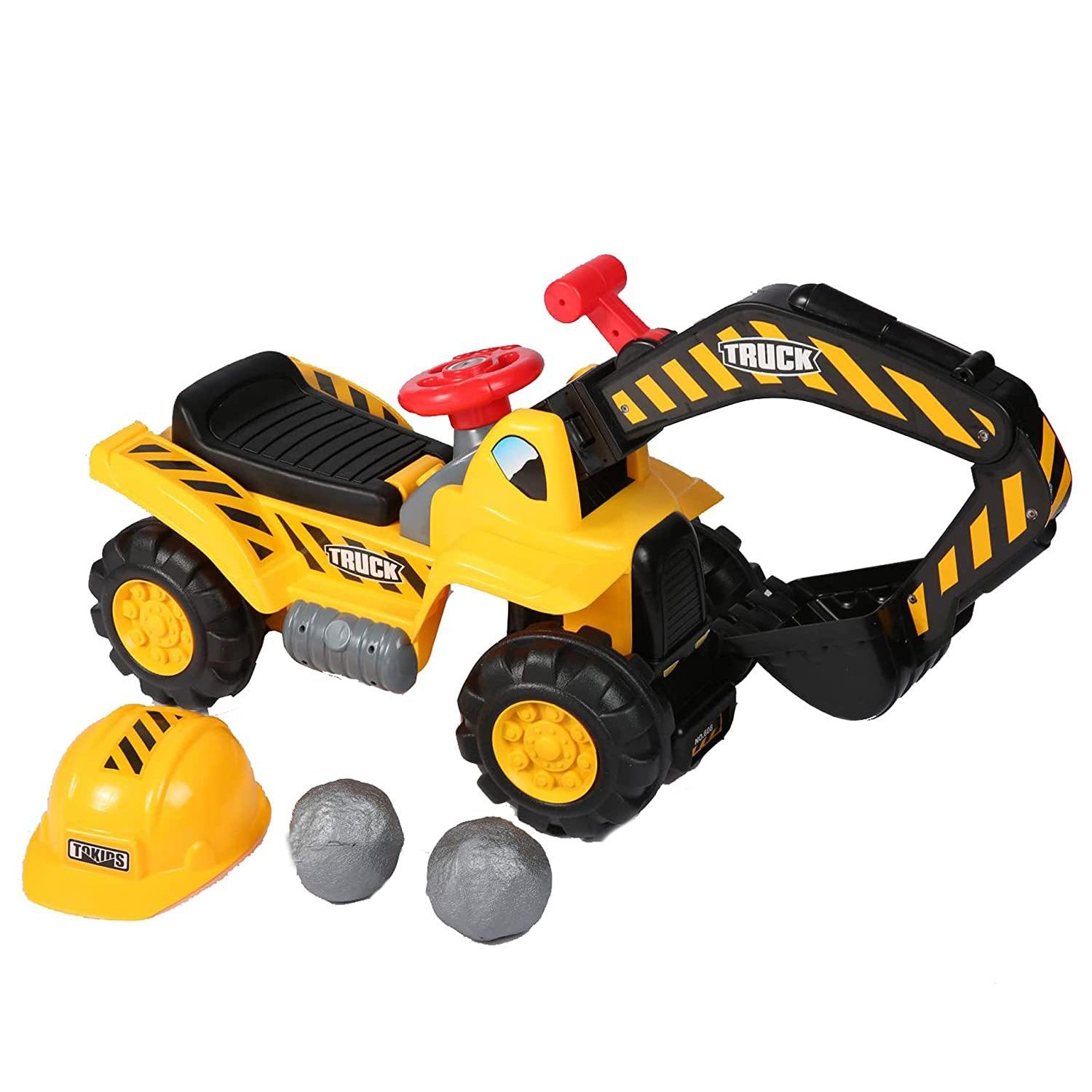 Kids Ride On Excavator Toy with Simulated Sounds Boys Pretend Play Construction Truck Digger Tractor with Steering Wheel, Helmet, Rocks