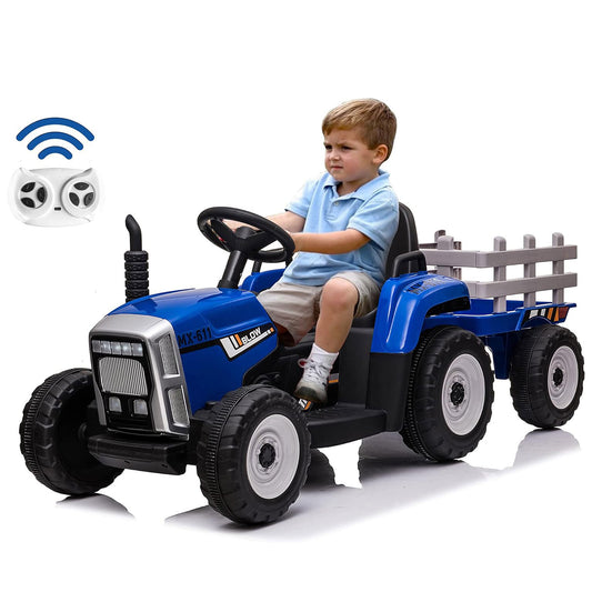 12V Kids Electric Tractor Battery Powered Ride on Toy with Detachable Large Trailer for Age 3+, Blue